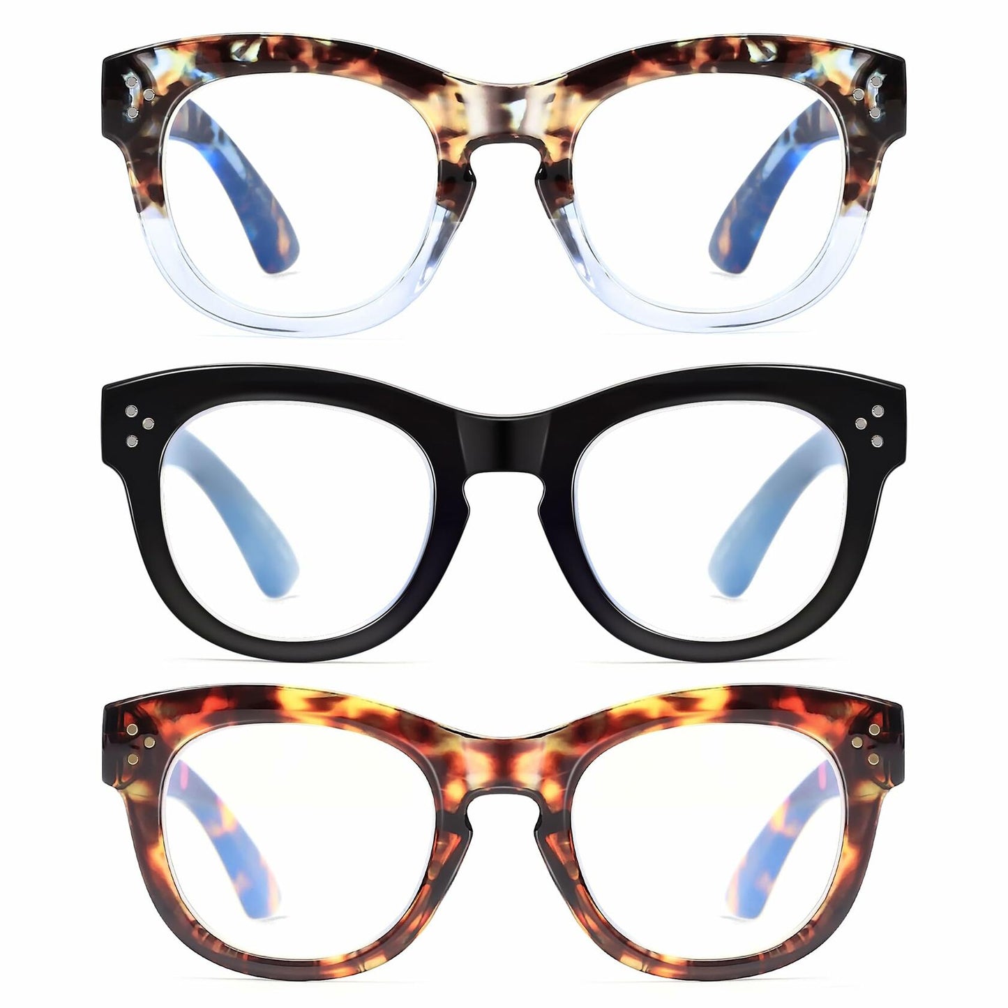 LADEESSE 3 Pack Oprah Style Reading Glasses +3.00 Blue Light Blocking Readers