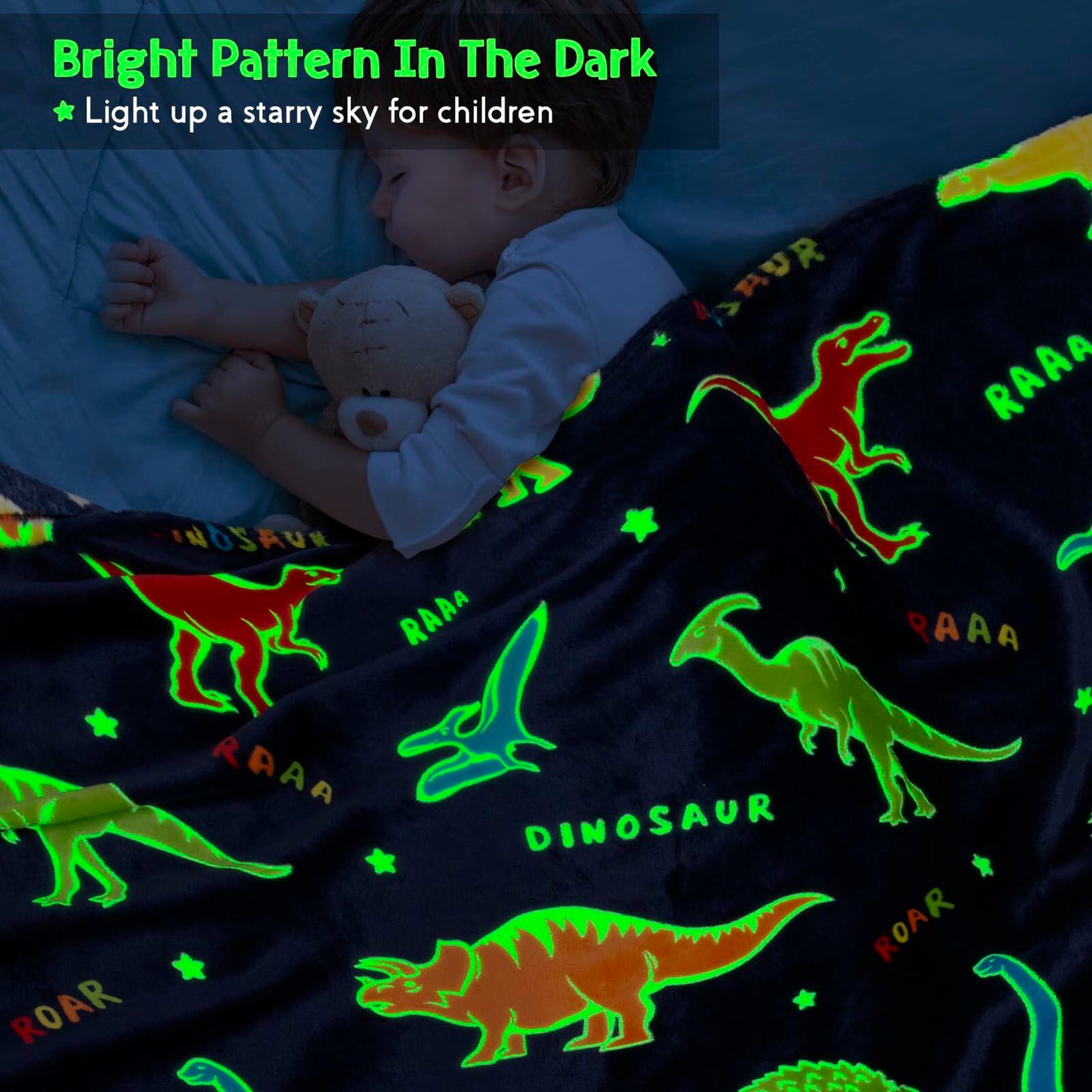 Jekeno Dinosaur Glow in Dark Plush Throw Blanket Navy Blue 50x60in