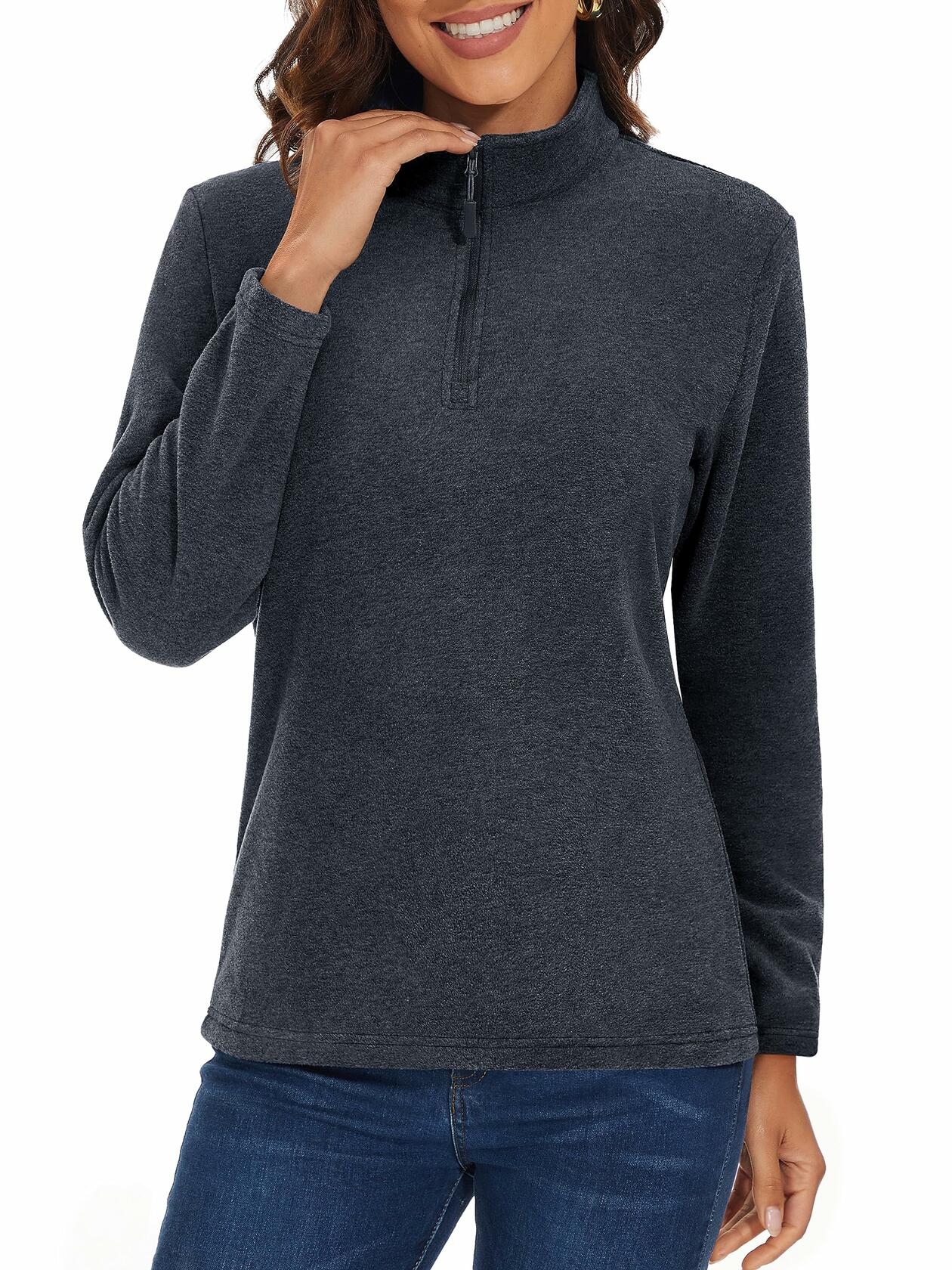 MAGCOMSEN Women's Zip Fleece Pullover Lightweight Stand Collar Black XL