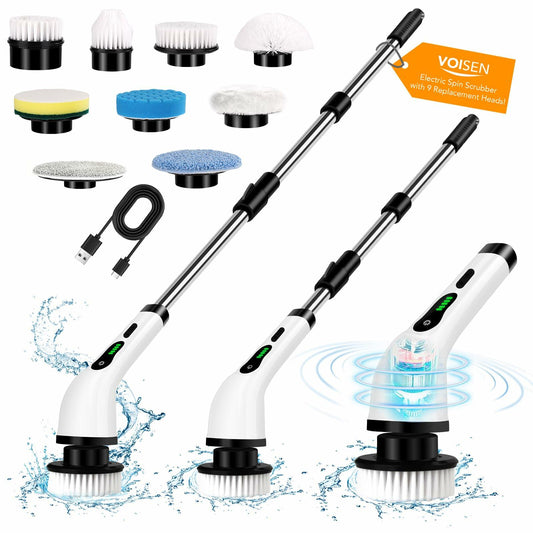 VOISEN Electric Spin Scrubber Cordless 9 Replacement Heads with Extension Arm