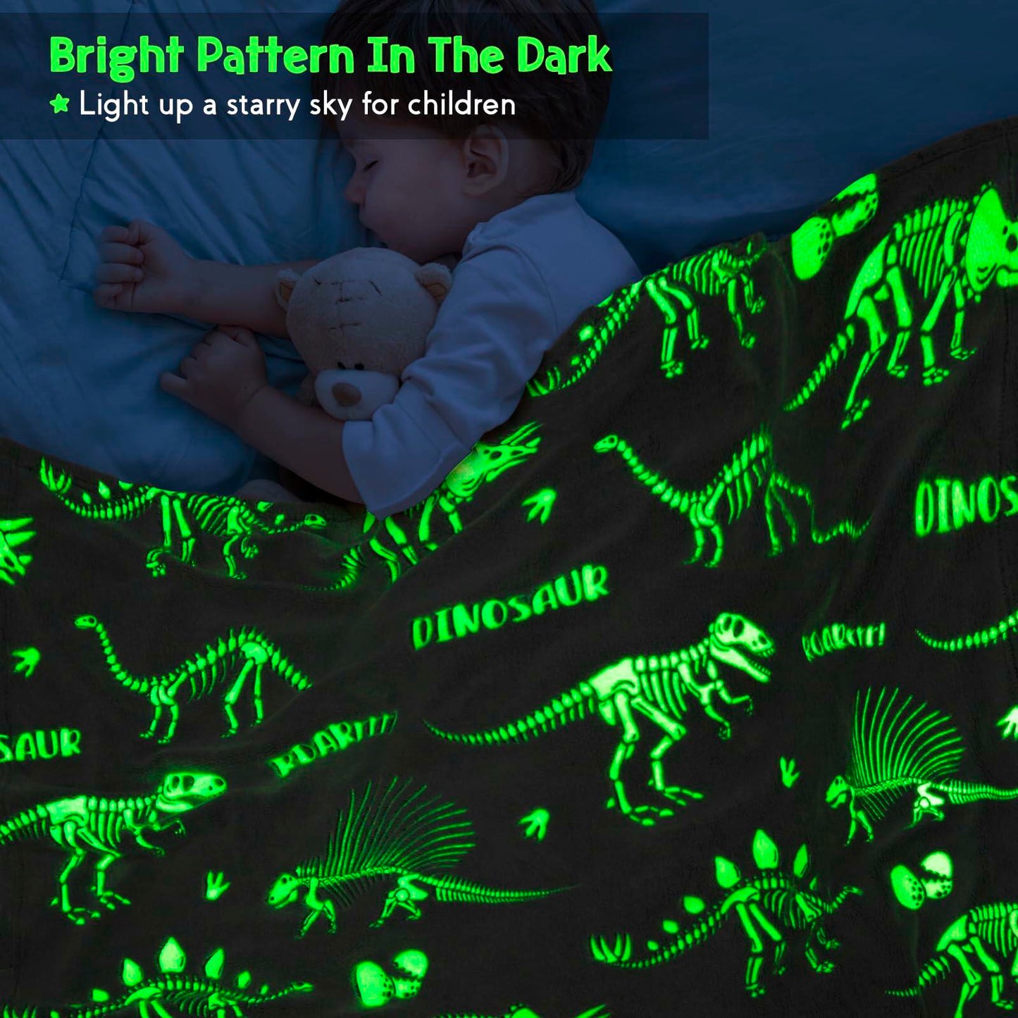 Dinosaur Glow in Dark Blanket Soft Cozy Kids Throw 50x60 Gray