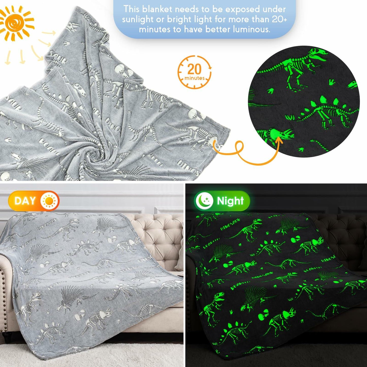 Dinosaur Glow in Dark Blanket Soft Cozy Kids Throw 50x60 Gray