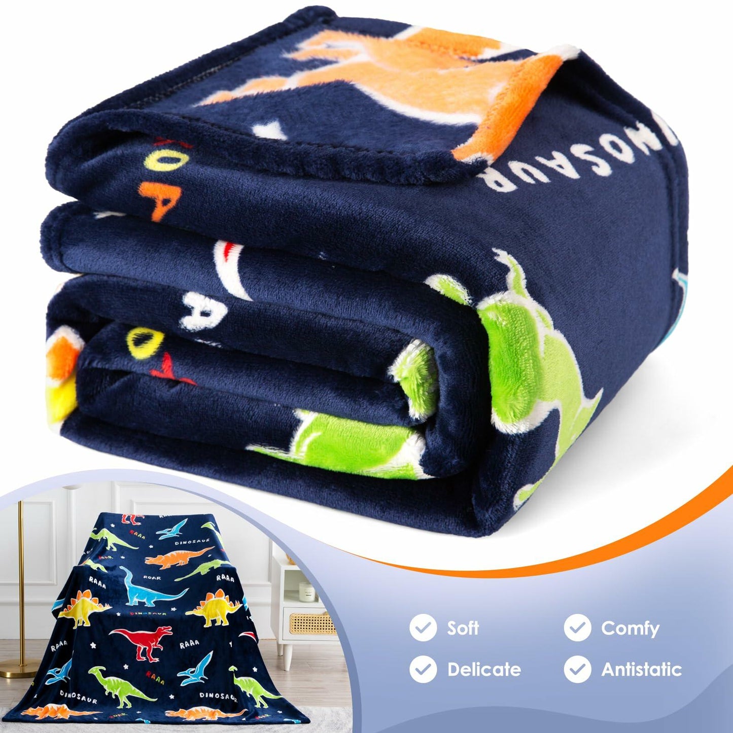 Jekeno Dinosaur Glow in Dark Plush Throw Blanket Navy Blue 50x60in