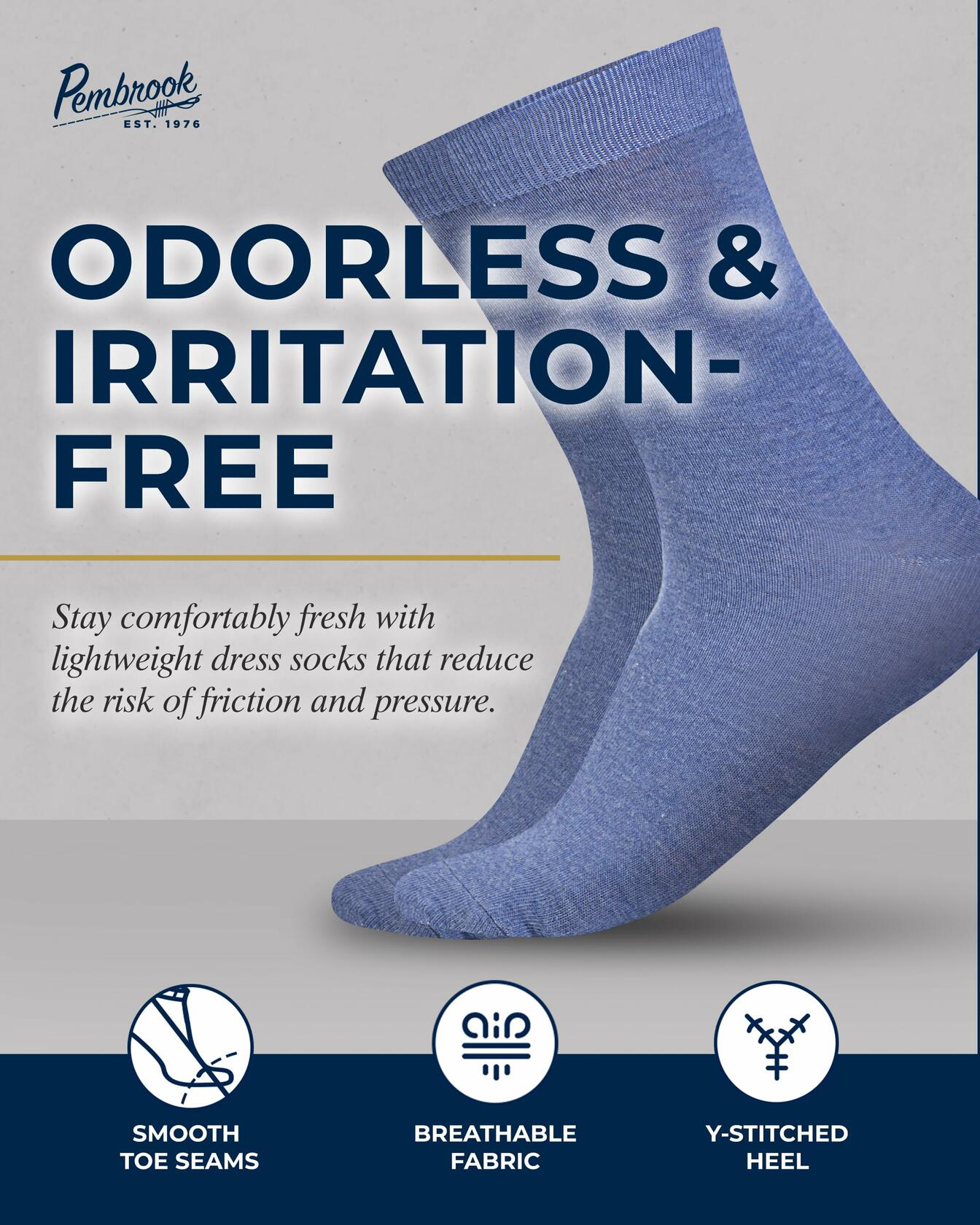 Pembrook Diabetic Dress Socks Men 4 Pairs Odor-Free Work Casual Blue - Size L