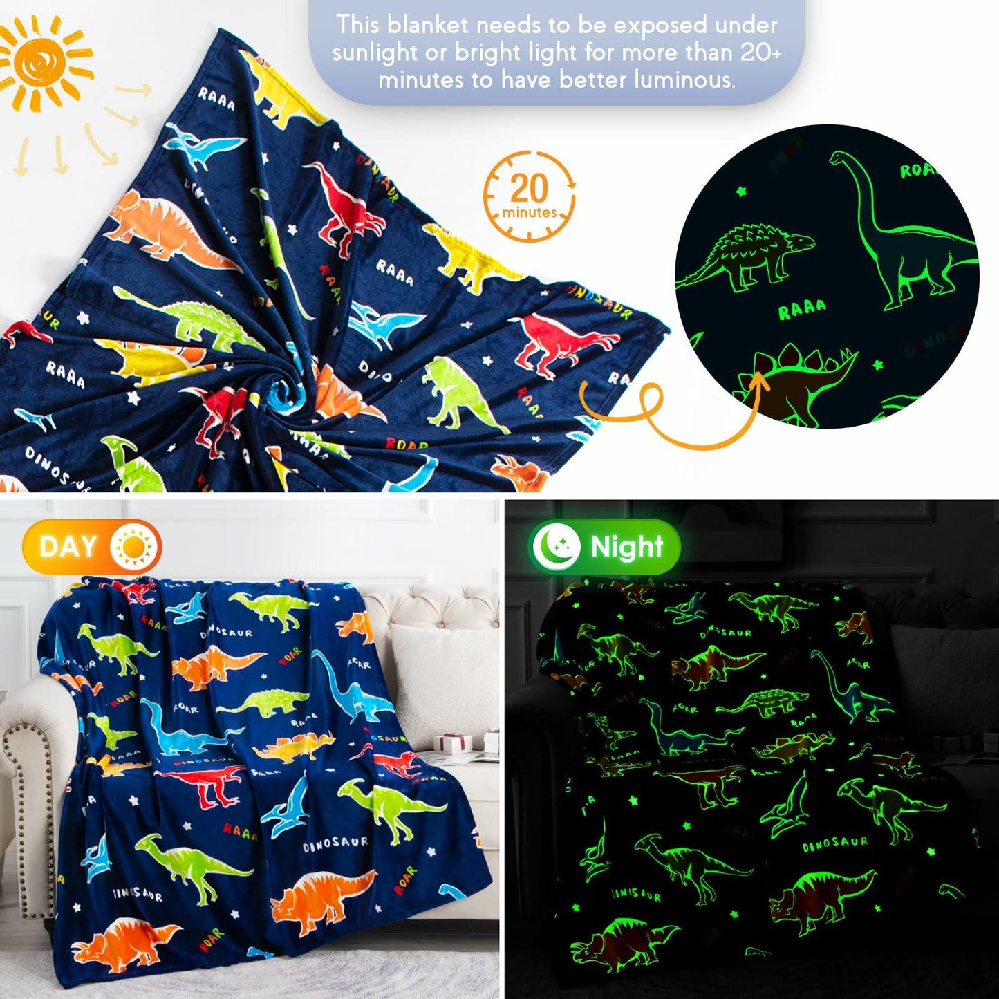 Jekeno Dinosaur Glow in Dark Plush Throw Blanket Navy Blue 50x60in