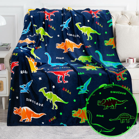 Jekeno Dinosaur Glow in Dark Plush Throw Blanket Navy Blue 50x60in