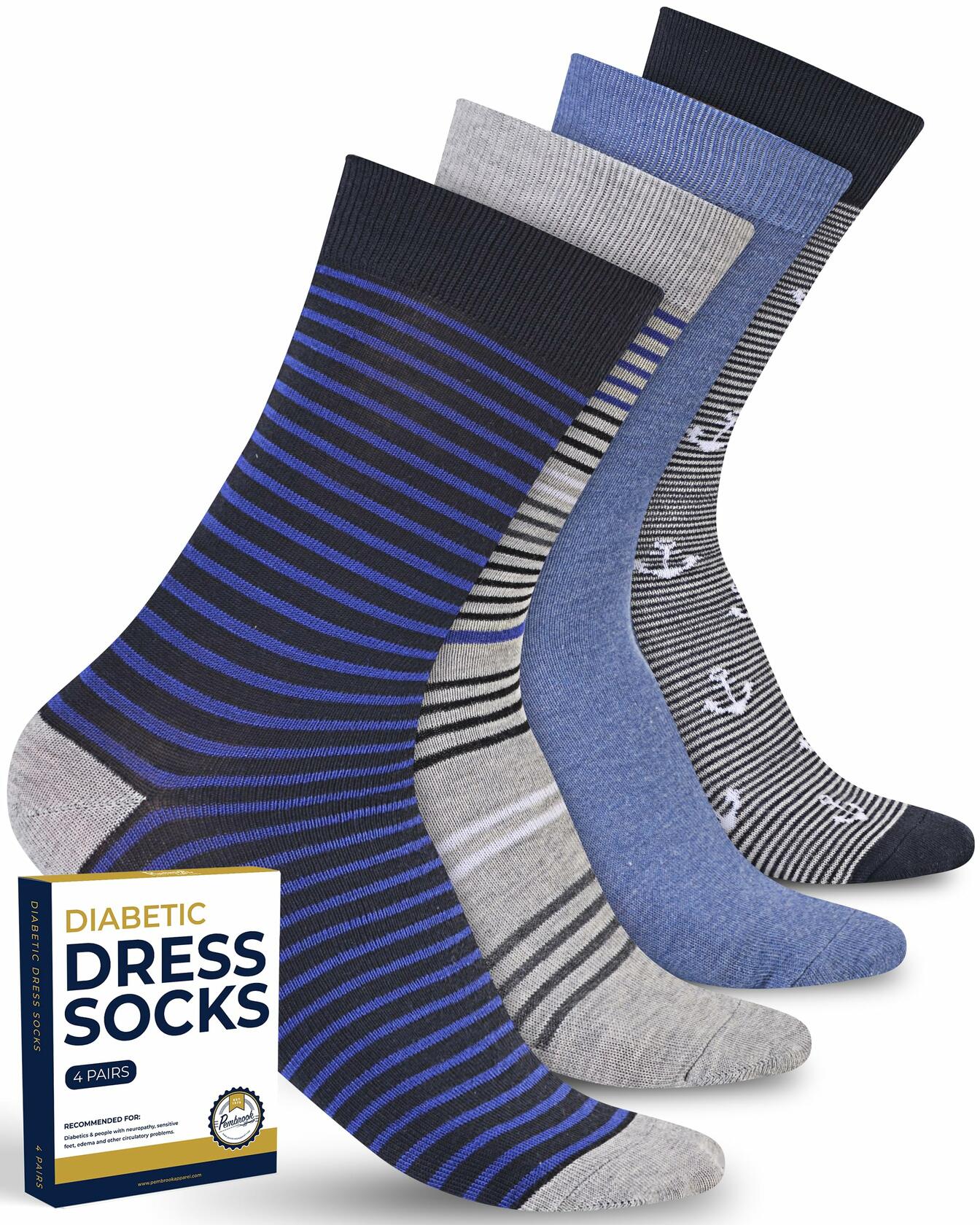 Pembrook Diabetic Dress Socks Men 4 Pairs Odor-Free Work Casual Blue - Size L