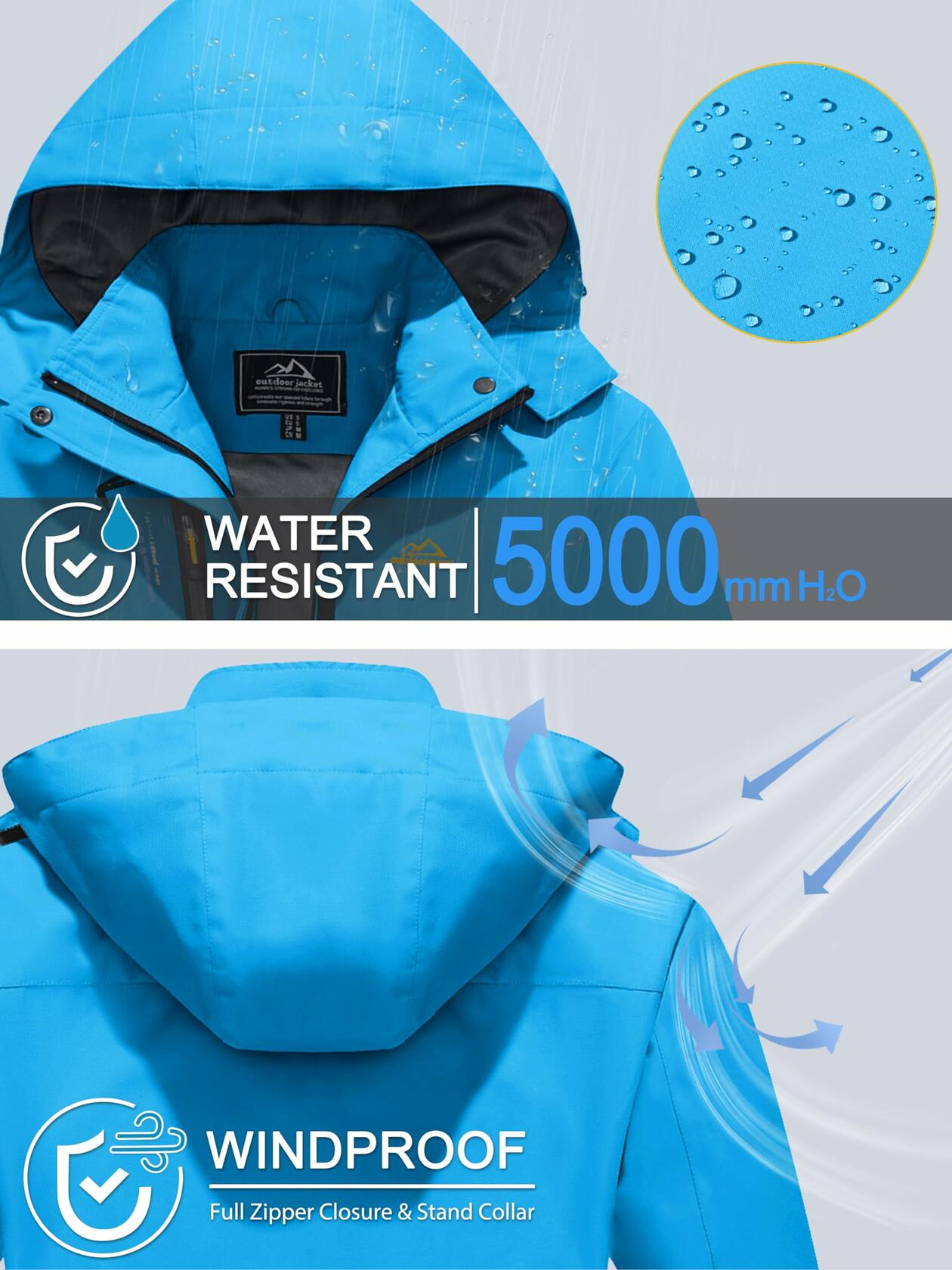 MAGCOMSEN Women's Waterproof Rain Jacket with Hood – Blue, Size L