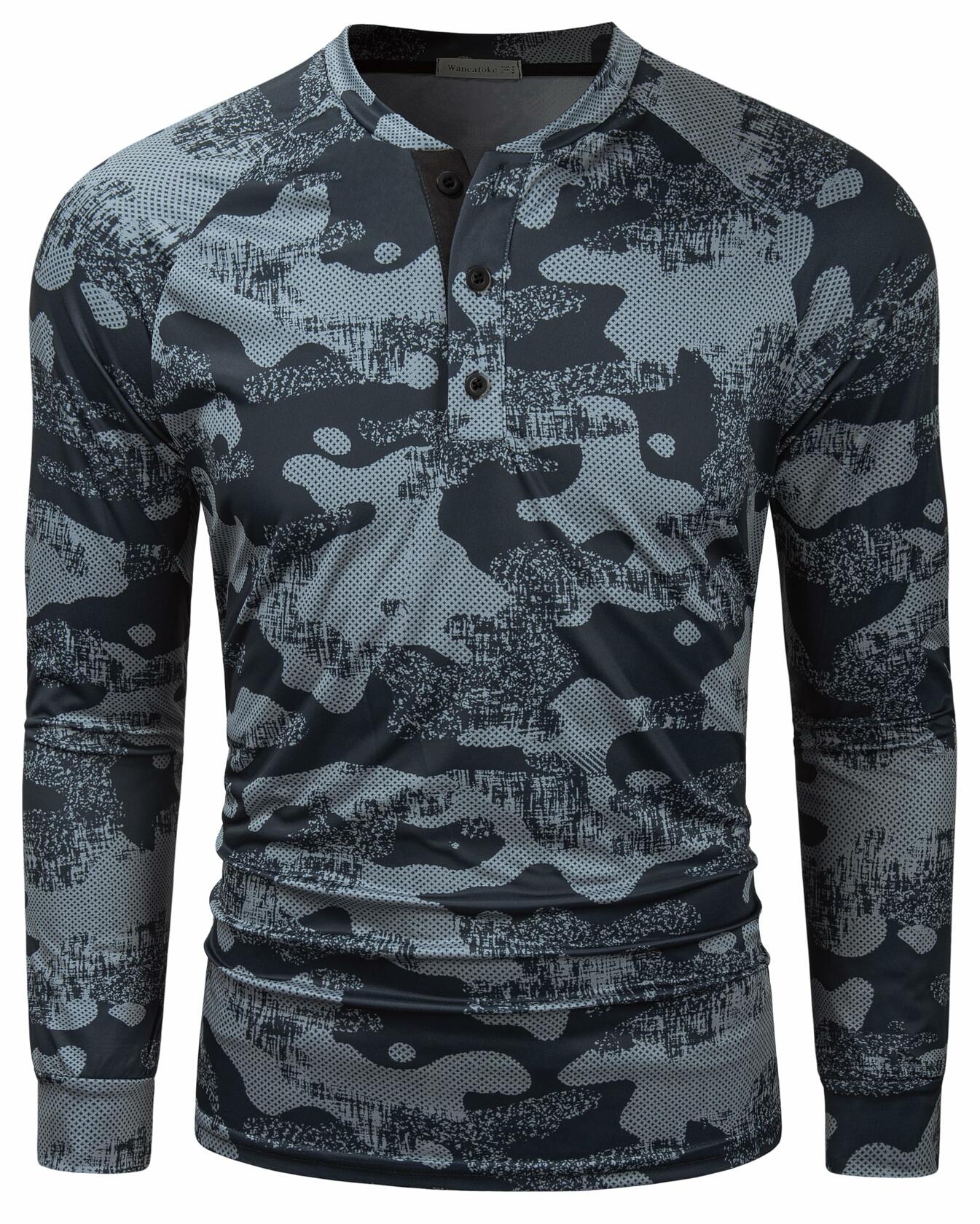 Wancafoke Men's Long Sleeve Henley Shirt Quick Dry Collarless Lake Blue - Size L
