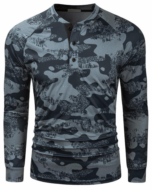 Wancafoke Men's Long Sleeve Henley Shirt Quick Dry Collarless Lake Blue - Size L