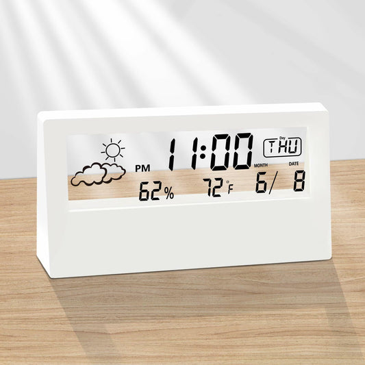 LuxSoramia Digital Alarm Clock White Transparent Display Temp Humidity