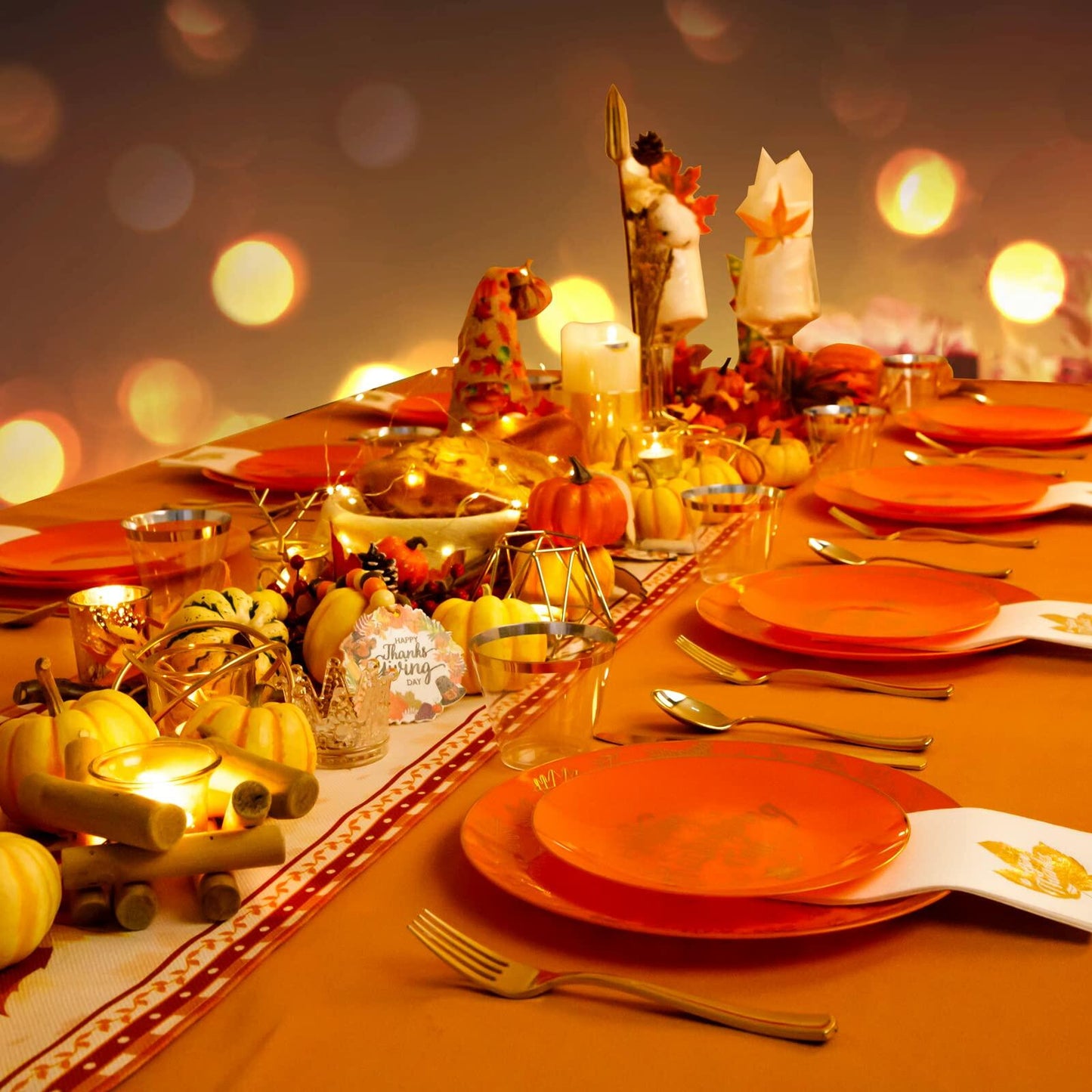 Nervure 175PCS Thanksgiving Disposable Plates Set Orange Gold with Cutlery