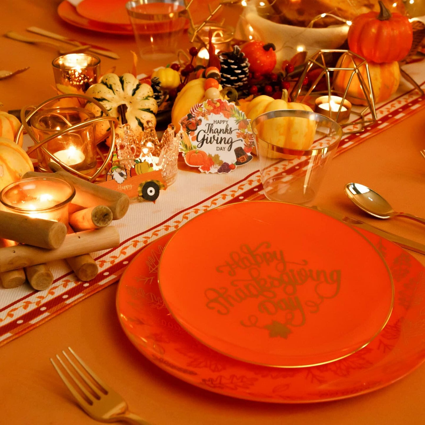 Nervure 175PCS Thanksgiving Disposable Plates Set Orange Gold with Cutlery