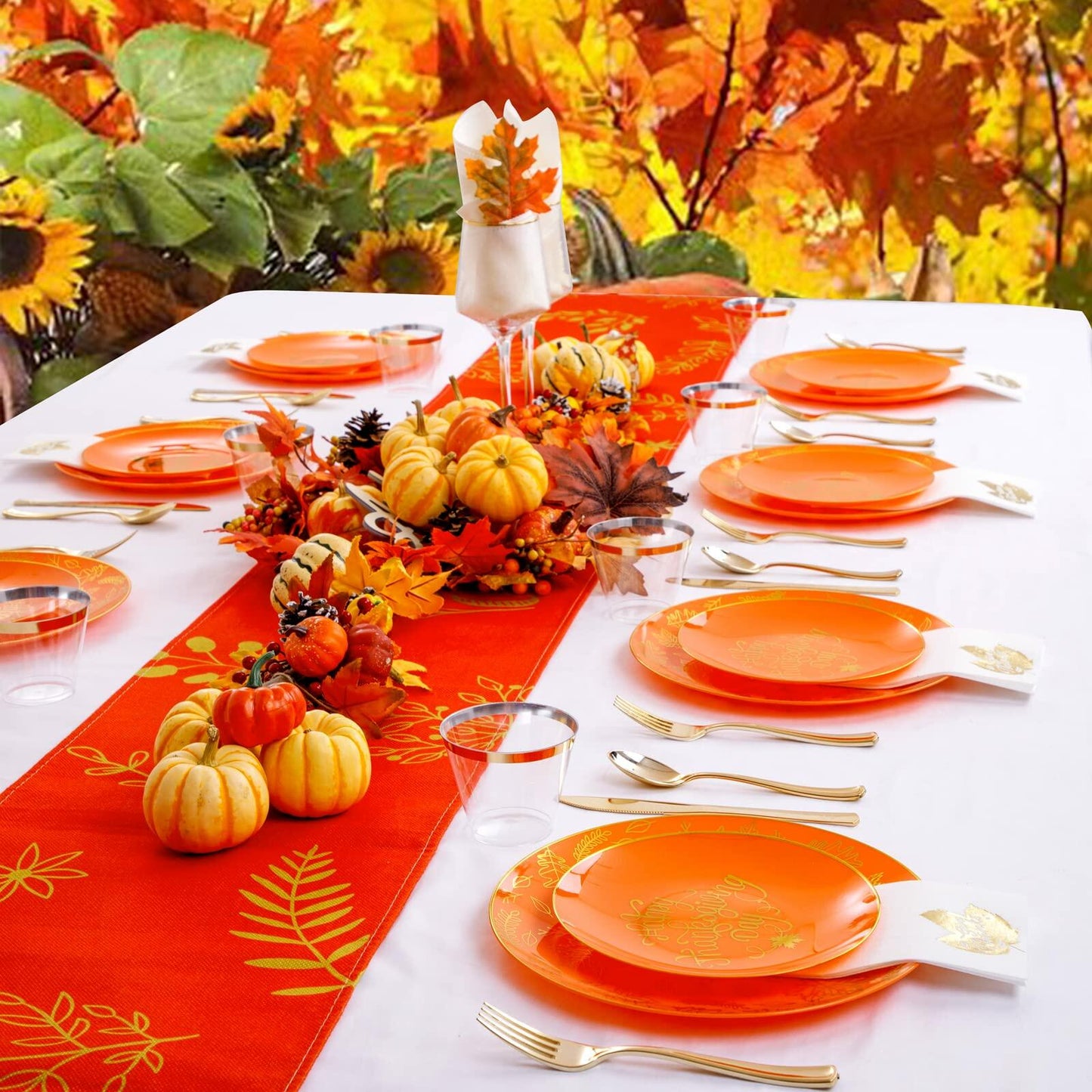 Nervure 175PCS Thanksgiving Disposable Plates Set Orange Gold with Cutlery