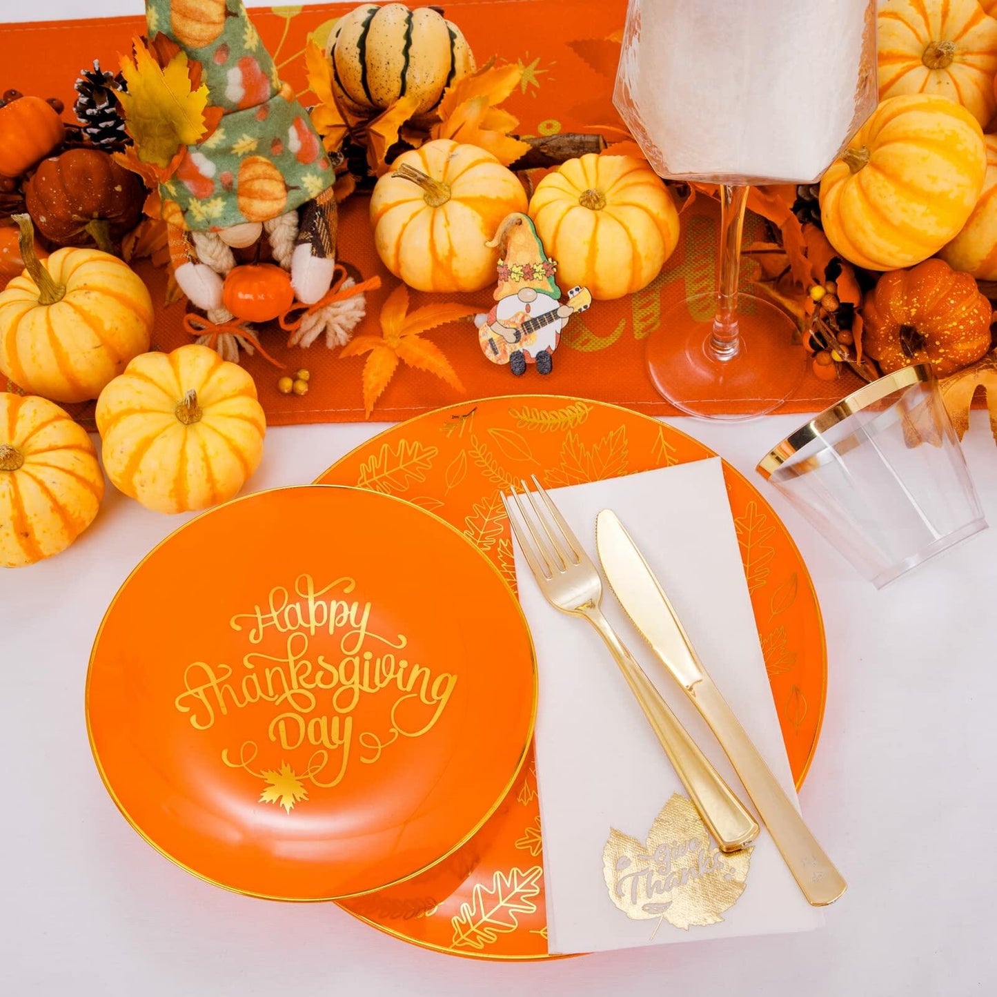Nervure 175PCS Thanksgiving Disposable Plates Set Orange Gold with Cutlery