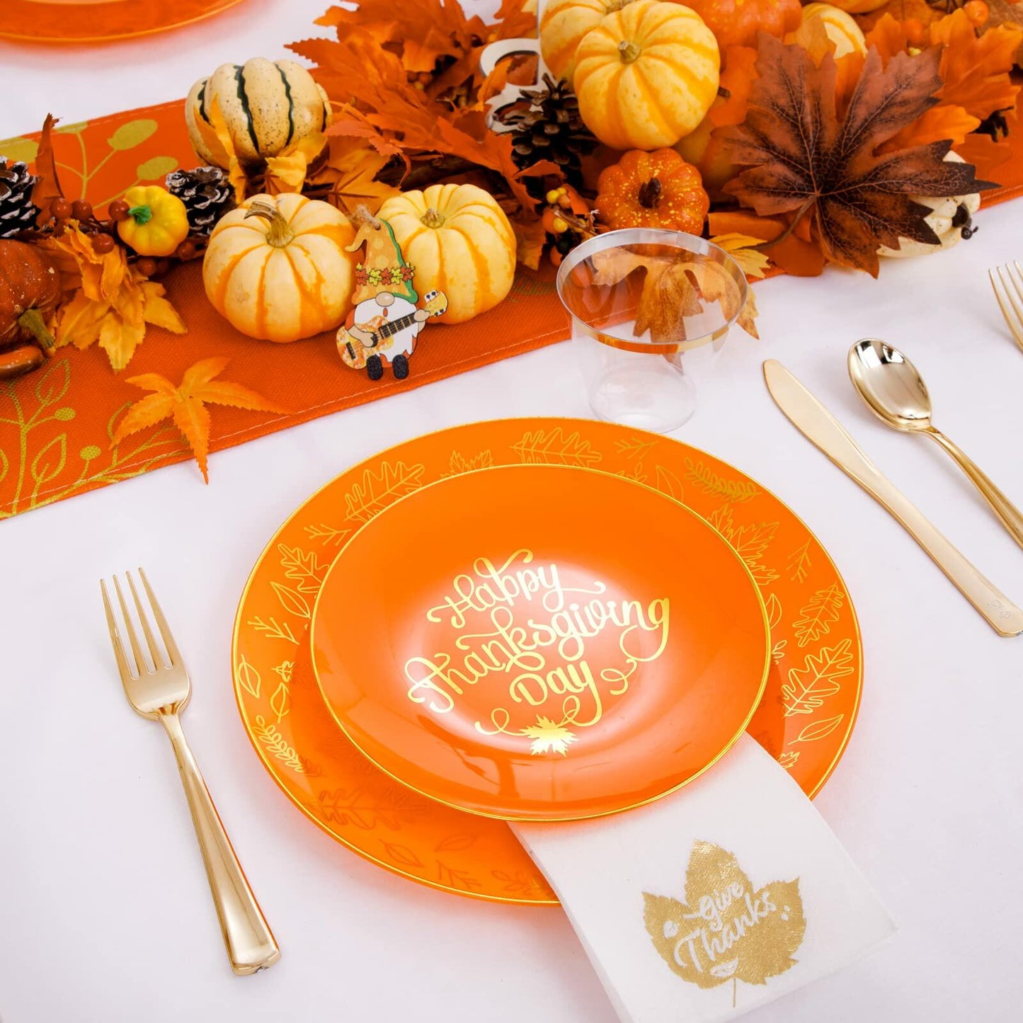 Nervure 175PCS Thanksgiving Disposable Plates Set Orange Gold with Cutlery