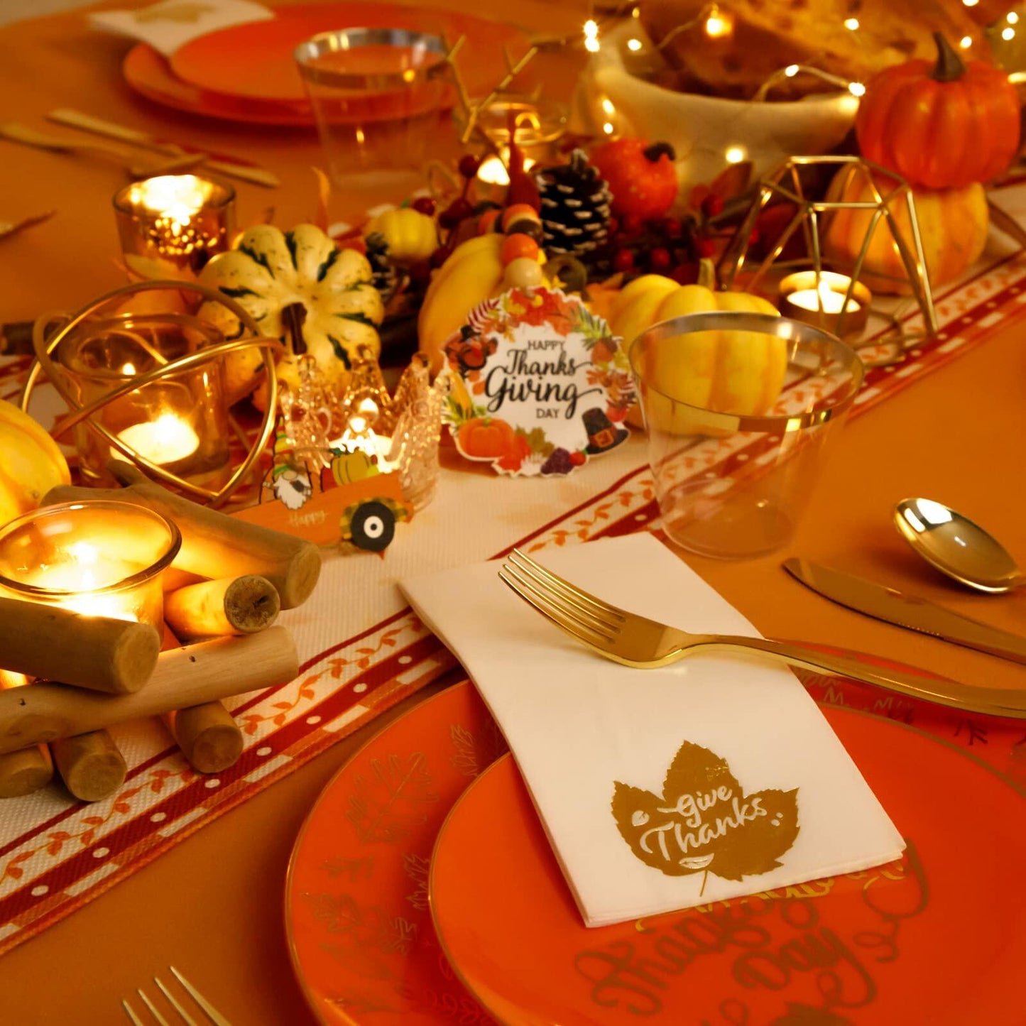 Nervure 175PCS Thanksgiving Disposable Plates Set Orange Gold with Cutlery