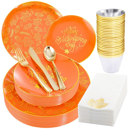 Nervure 175PCS Thanksgiving Disposable Plates Set Orange Gold with Cutlery