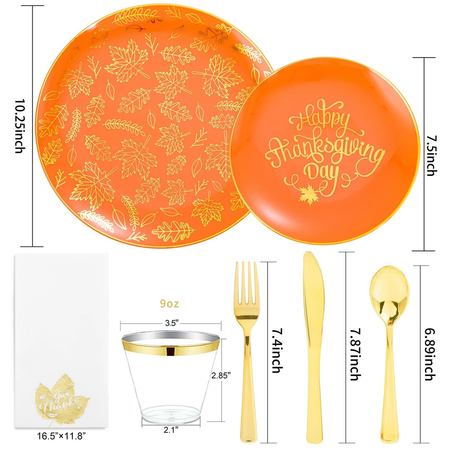 Nervure 175PCS Thanksgiving Disposable Plates Set Orange Gold with Cutlery
