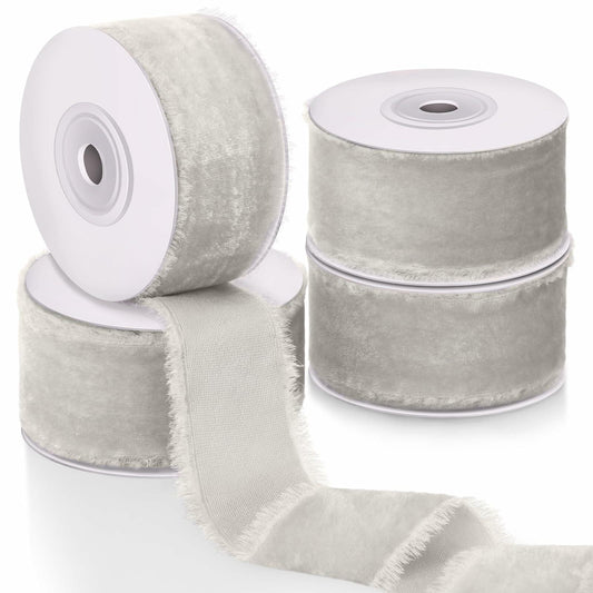 Preboun Velvet Ribbon 4 Rolls 24 Yards Frayed Edge 1.5 Inch Cappuccino Silk