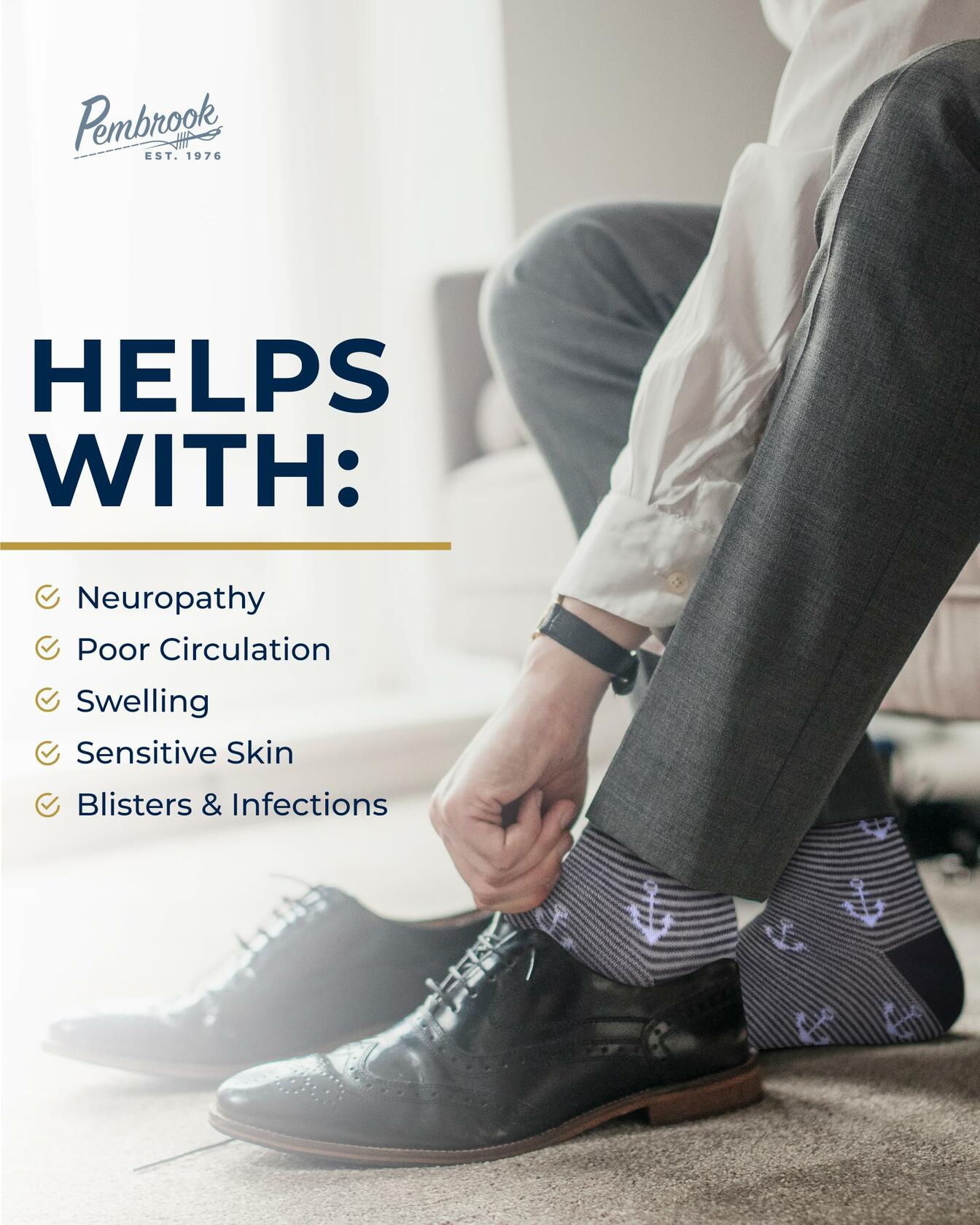 Pembrook Diabetic Dress Socks Men 4 Pairs Odor-Free Work Casual Blue - Size M