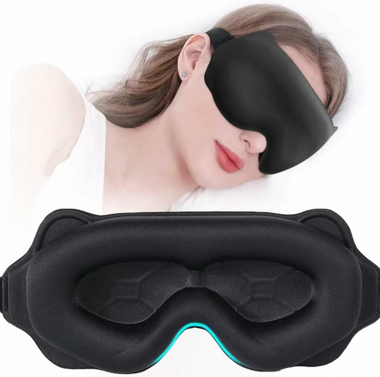 3D Contoured Sleep Mask Black Adjustable Headband 100% Light Blocking Travel