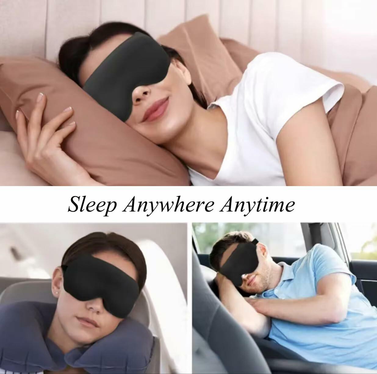 3D Contoured Sleep Mask Black Adjustable Headband 100% Light Blocking Travel