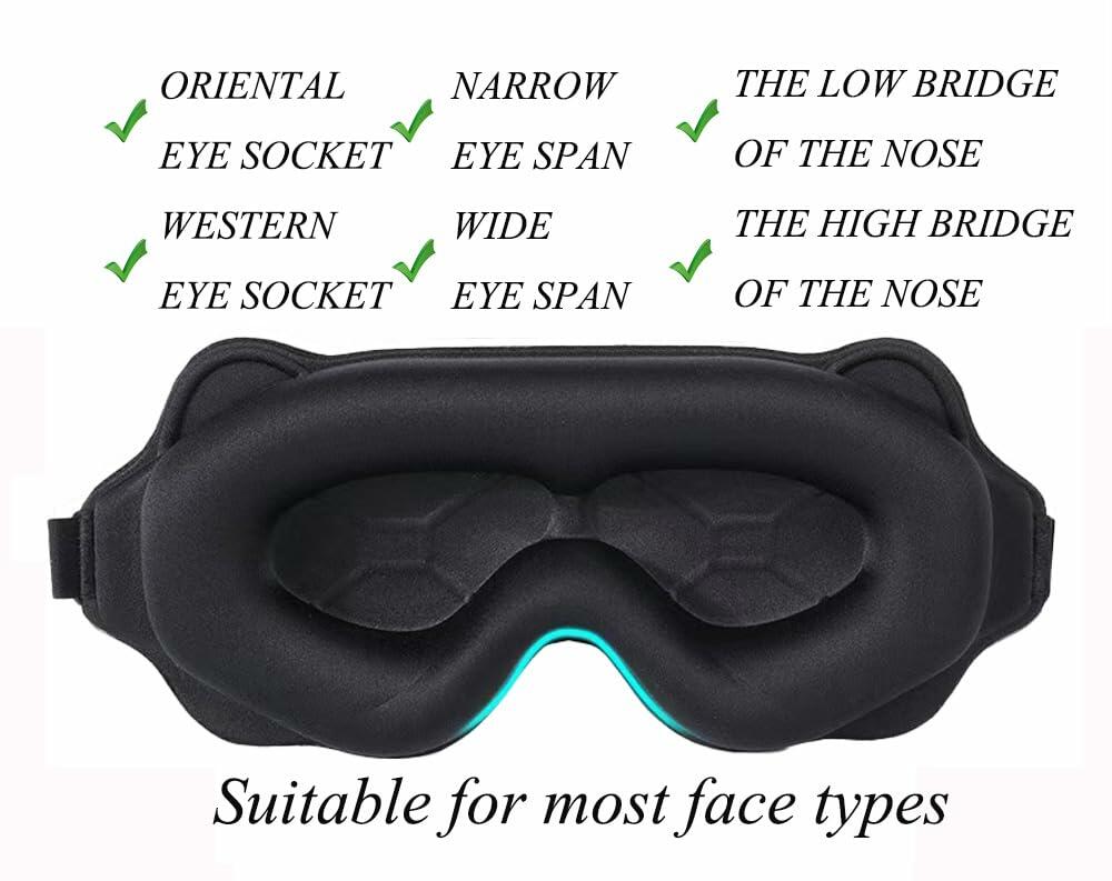 3D Contoured Sleep Mask Black Adjustable Headband 100% Light Blocking Travel