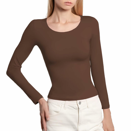 BRISIRA Women's Brown Long Sleeve Crop Top Slim Fit Scoop Neck Tee - Size M