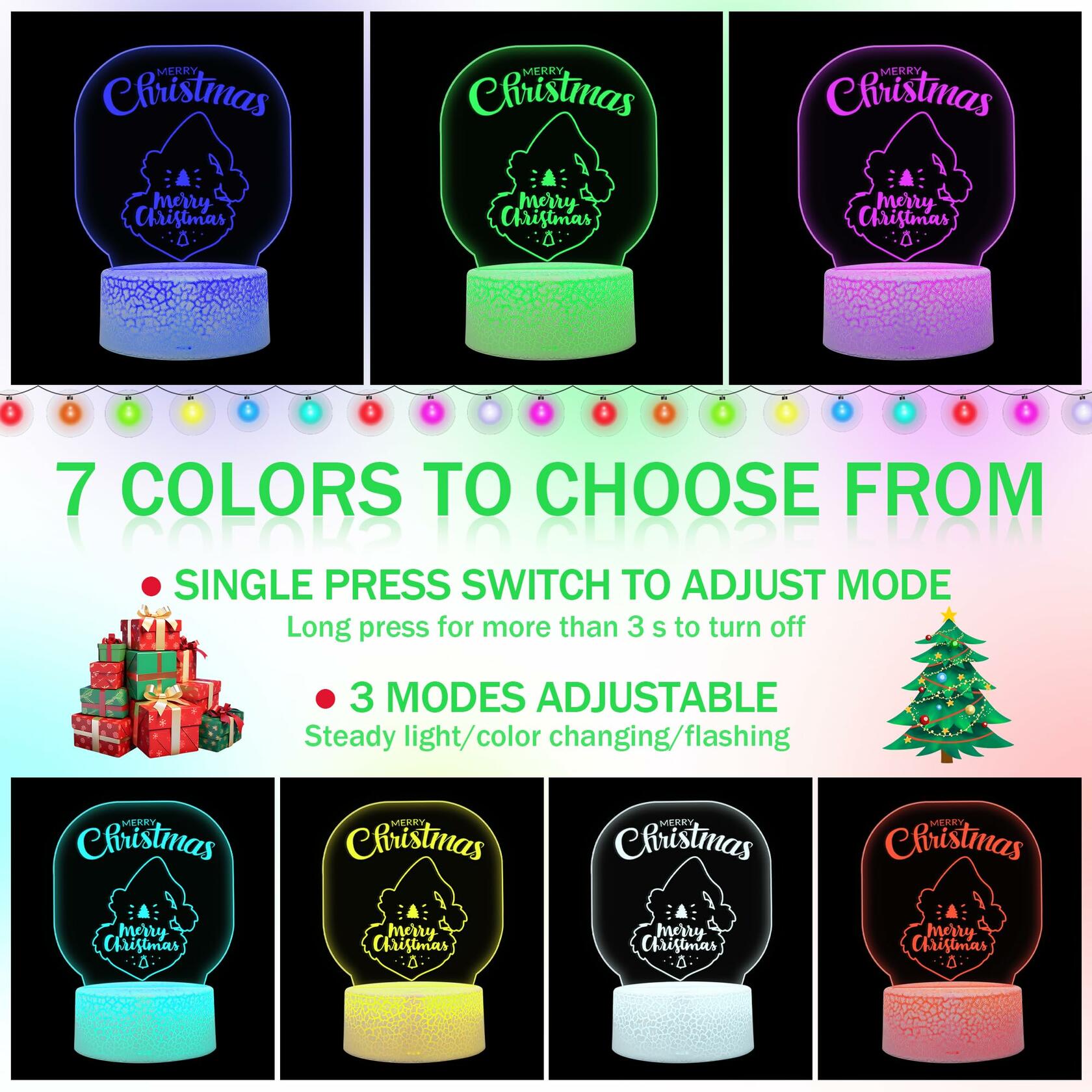 3D Illusion Lamp Xmas Night Light USB Touch Control 7 Colors Style 2 Xmas Gift