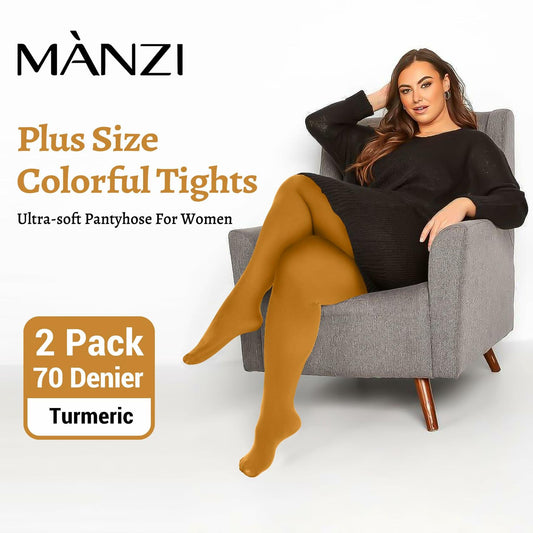 MANZI Women's Plus Size 70D Semi-Opaque Tights Turmeric 2 Pack Size XL
