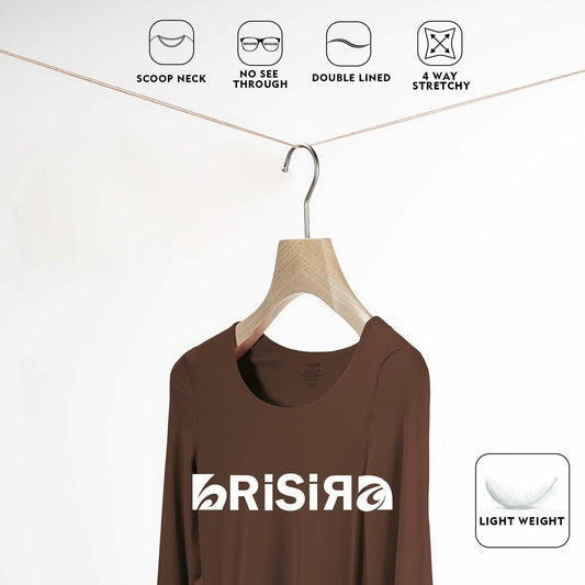 BRISIRA Women's Brown Long Sleeve Crop Top Slim Fit Scoop Neck Tee - Size M