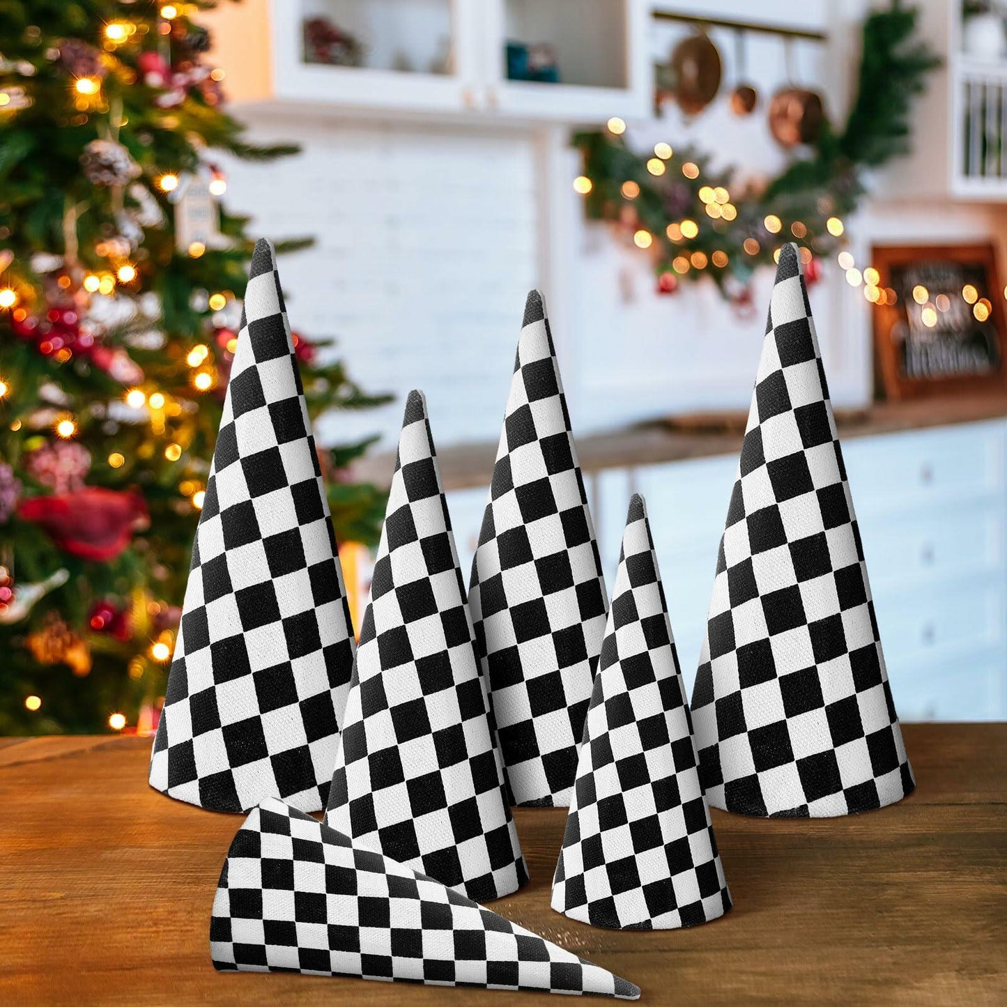 Poen 6 Pc Black White Christmas Cone Trees Various Sizes Tabletop Decor