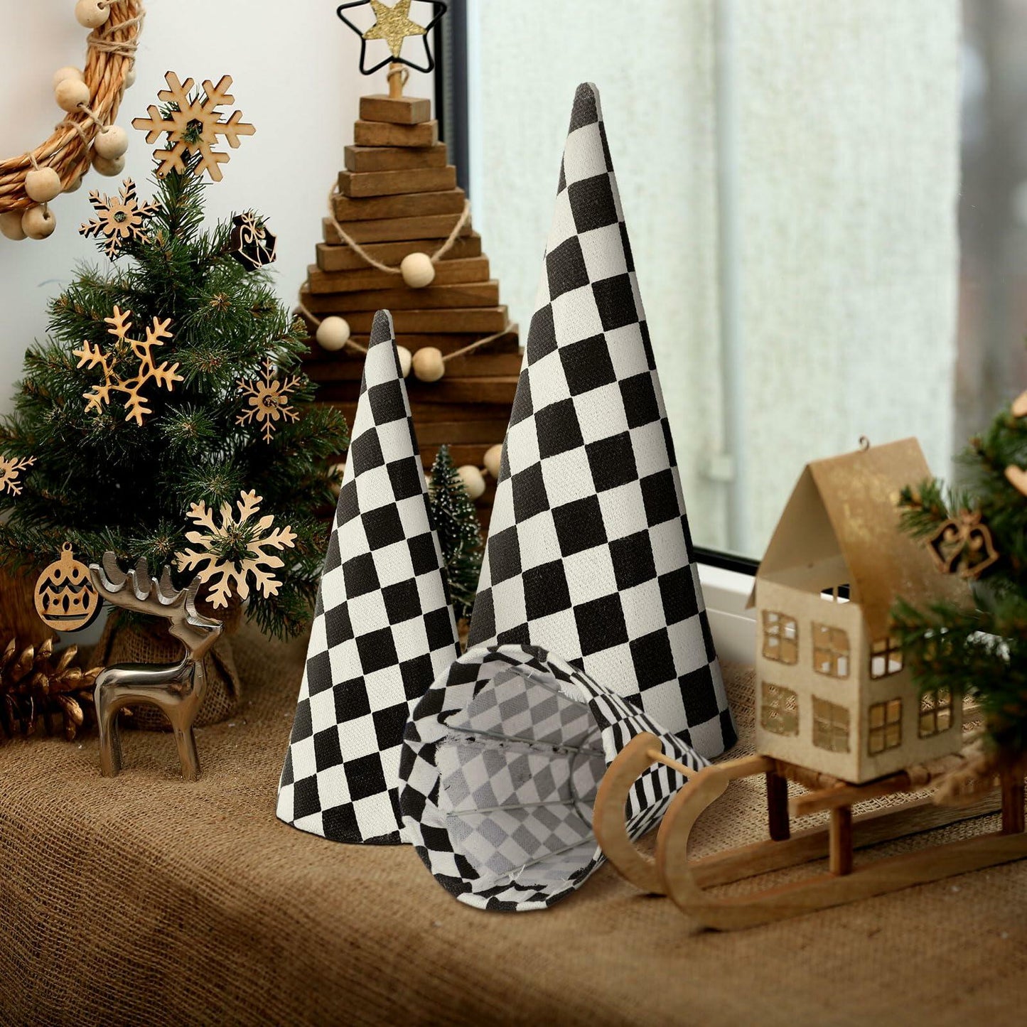 Poen 6 Pc Black White Christmas Cone Trees Various Sizes Tabletop Decor