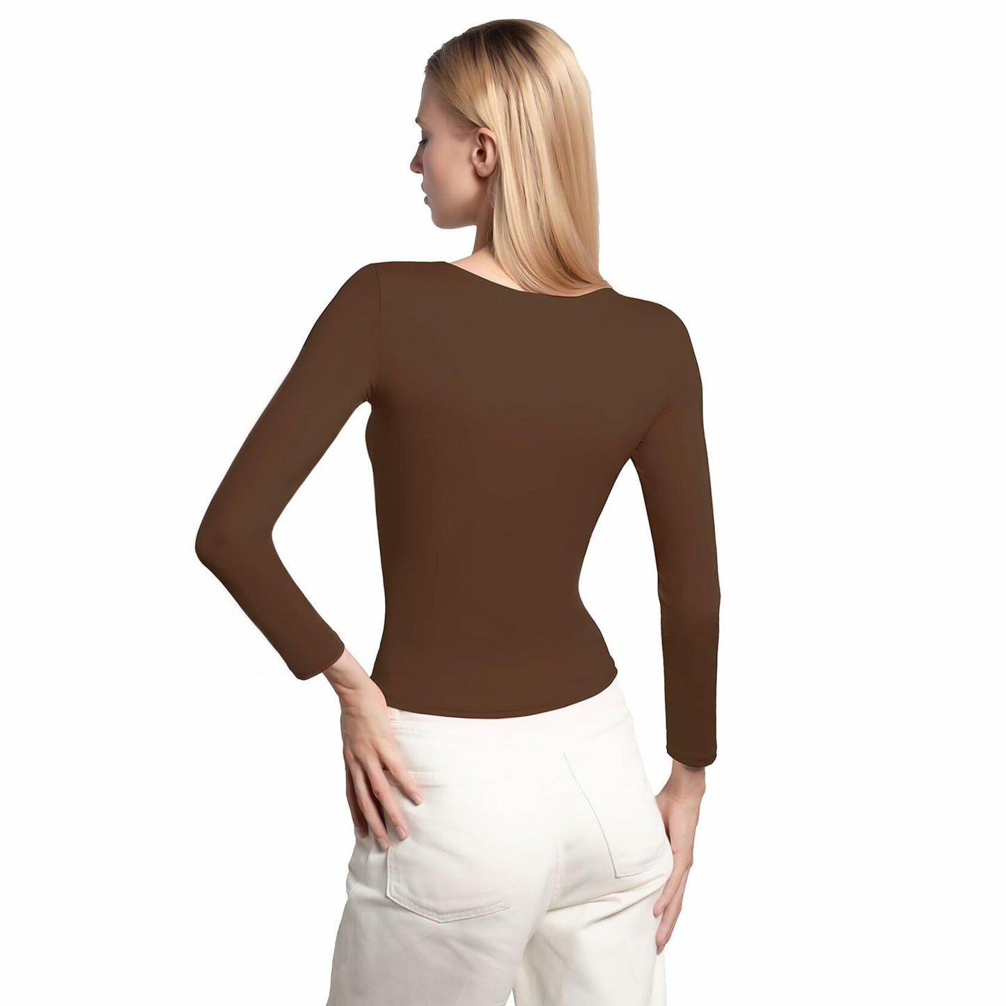BRISIRA Women's Brown Long Sleeve Crop Top Slim Fit Scoop Neck Tee - Size M