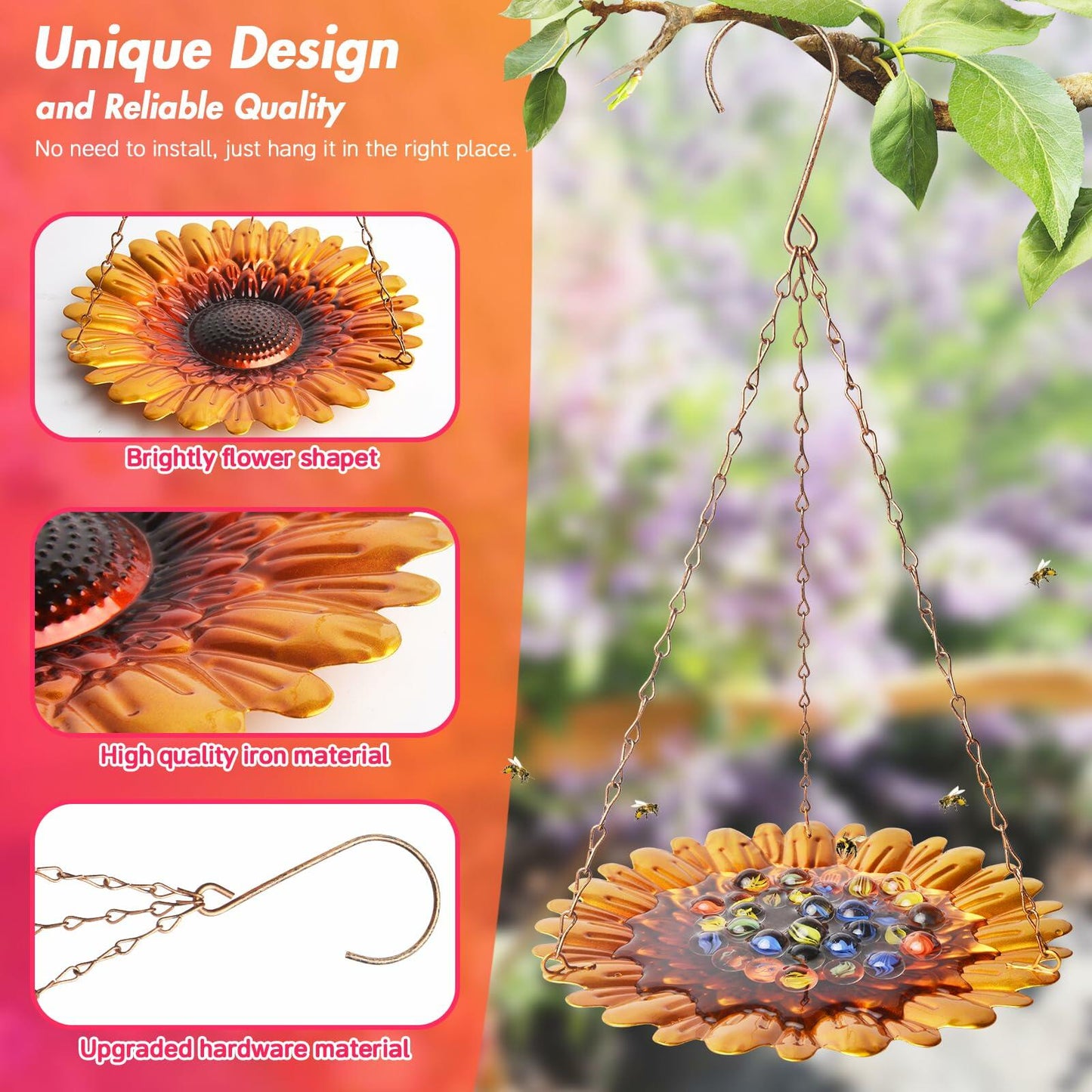 Bee Watering Station Hanging Feeder with Glass Marbles Sunflower Pattern