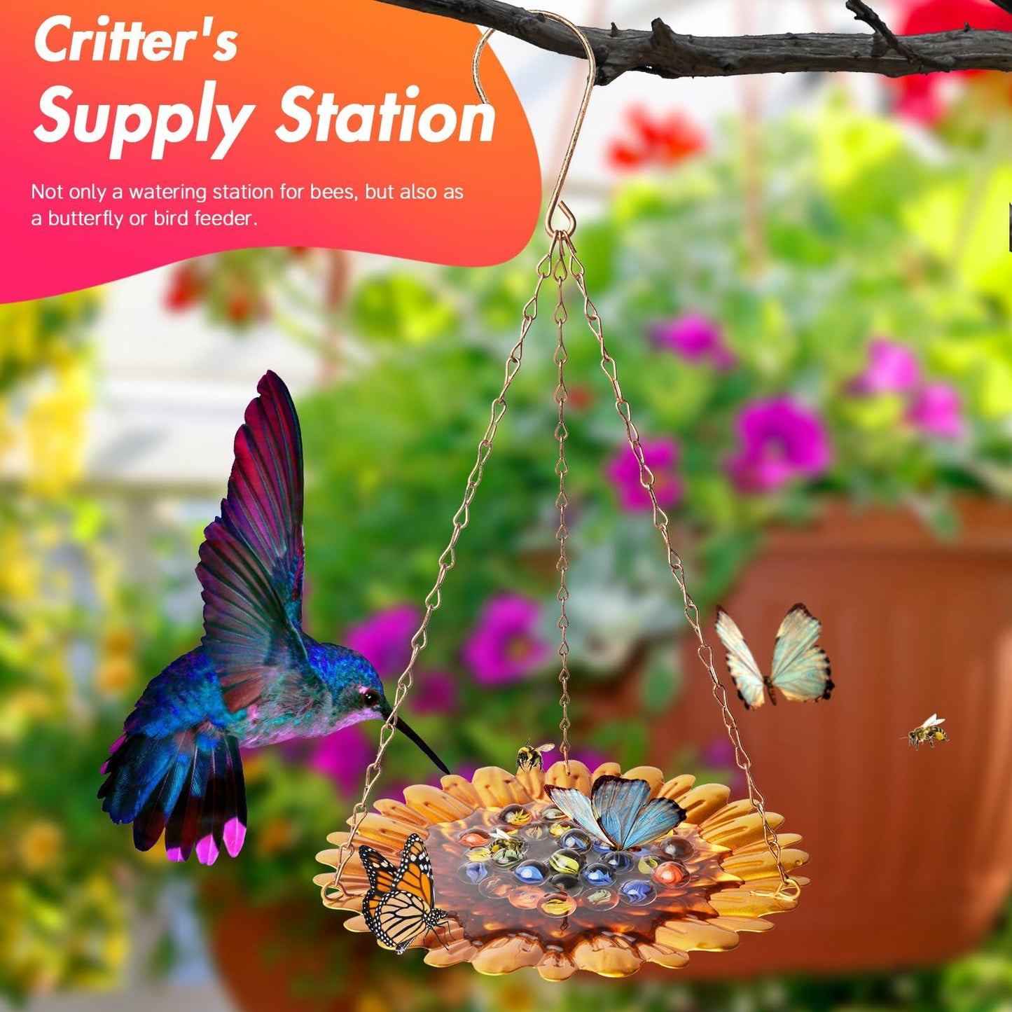 Bee Watering Station Hanging Feeder with Glass Marbles Sunflower Pattern