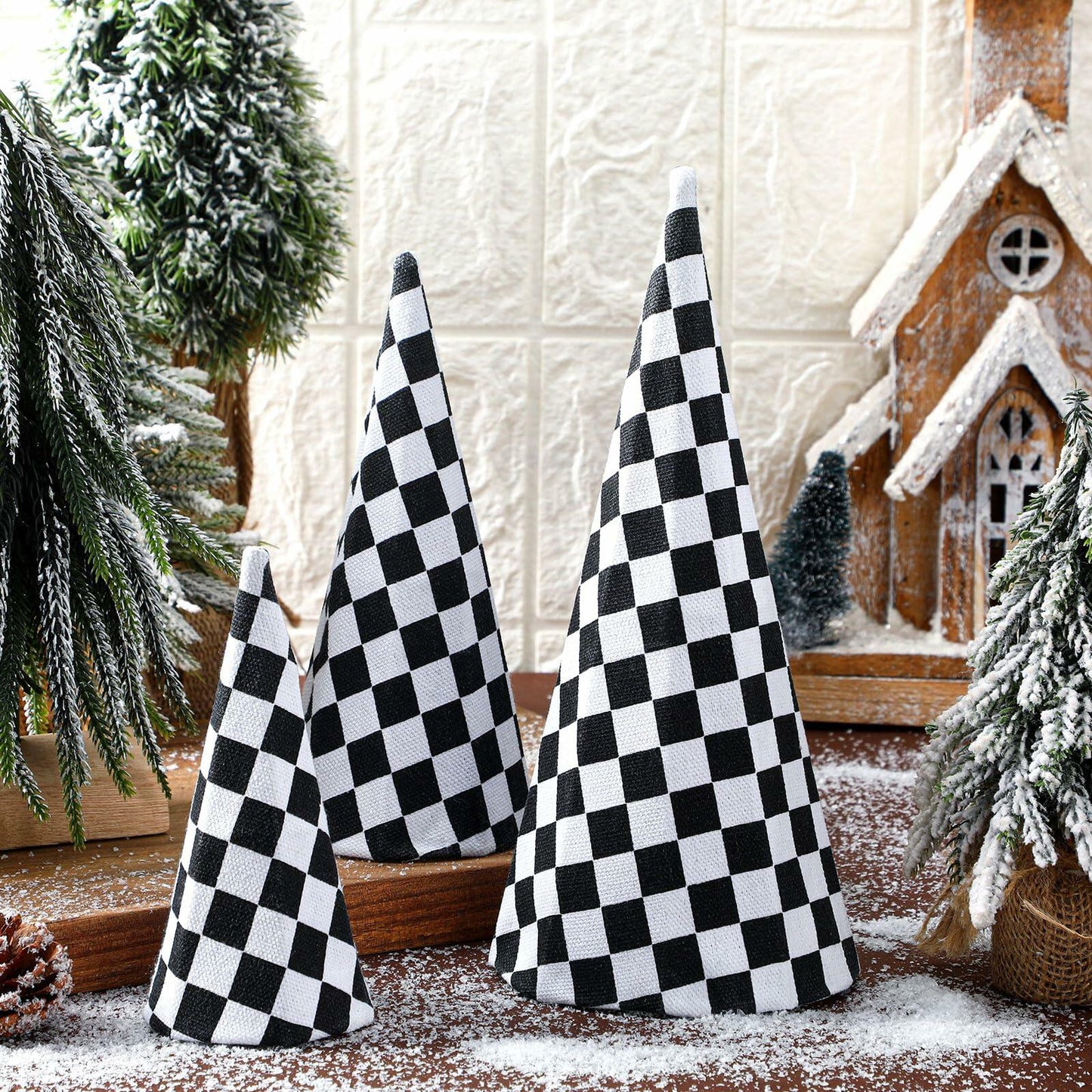 Poen 6 Pc Black White Christmas Cone Trees Various Sizes Tabletop Decor