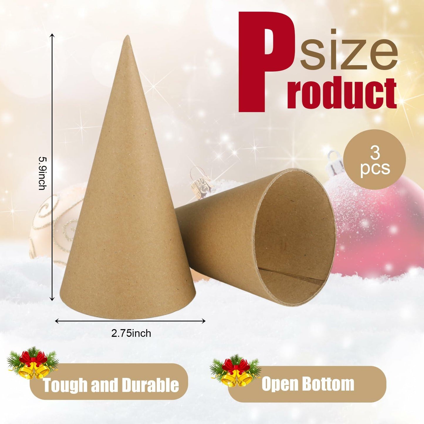 Zhanmai 3 Pc Paper Mache Cones 5.9x2.75in Cardboard Craft DIY Ornament
