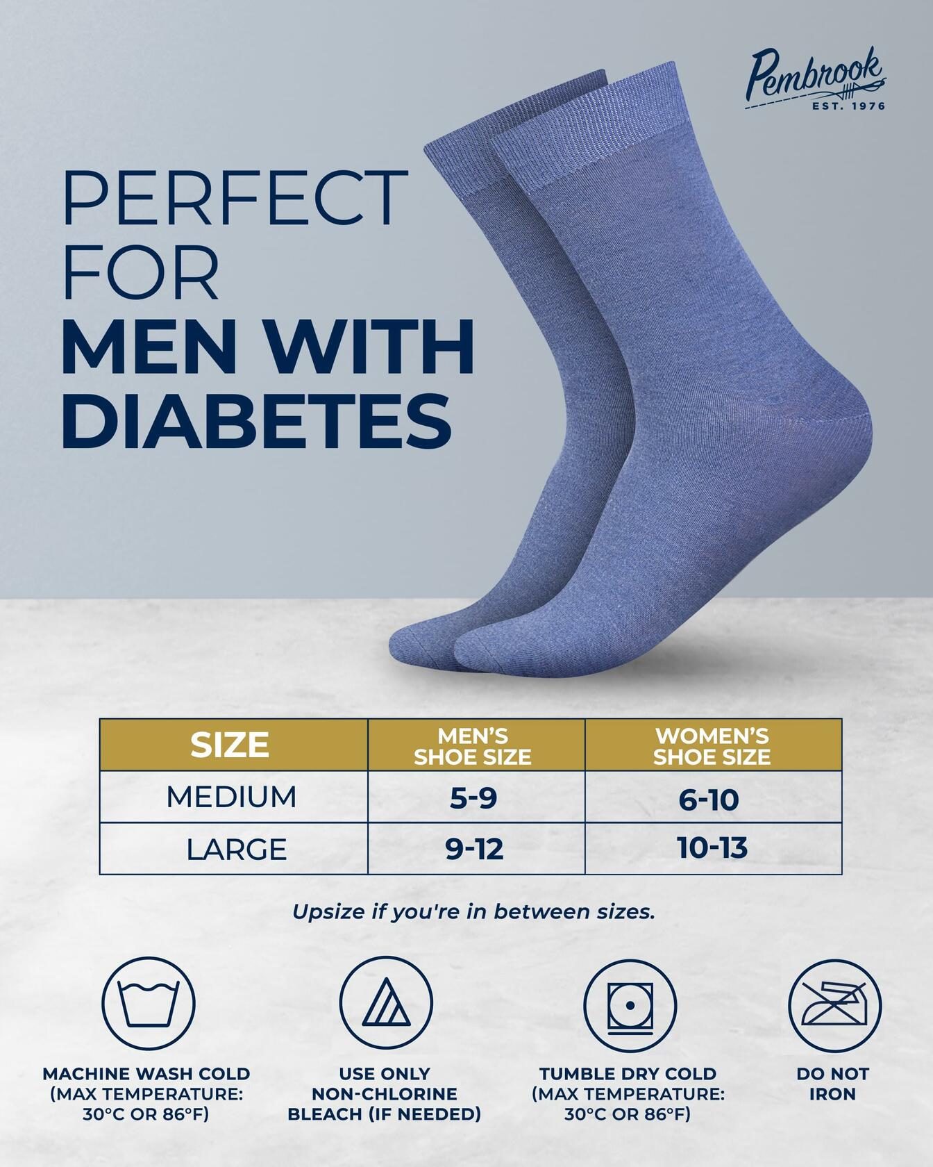 Pembrook Diabetic Dress Socks Men 4 Pairs Odor-Free Work Casual Blue - Size M