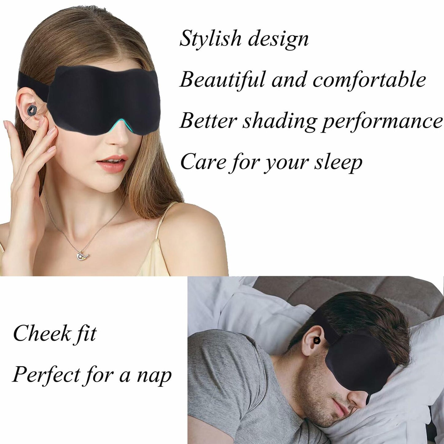 3D Contoured Sleep Mask Black Adjustable Headband 100% Light Blocking Travel