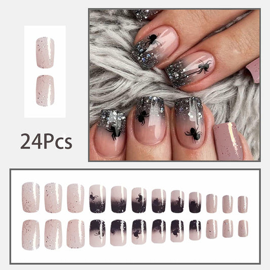 24 Pcs Halloween Press on Nails Short Square Glossy Spider Sequin Design