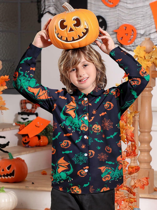 Boys Halloween Dinosaur Shirt Size 10 Long Sleeve Pumpkin Button Up