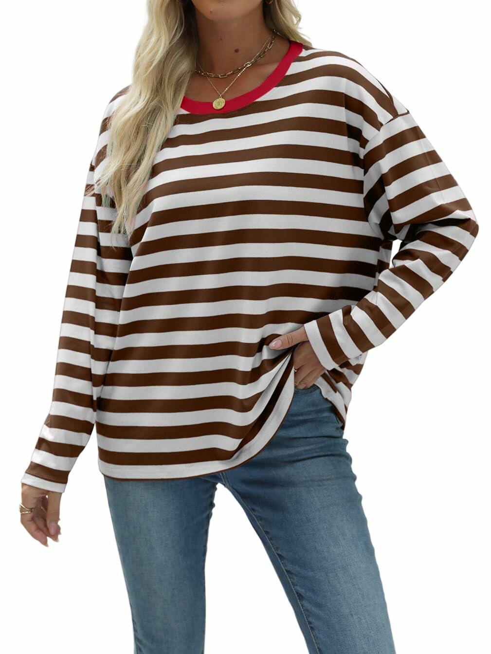 Nfsion Womens X-Large Striped Color Block Long Sleeve Tee Coffee White
