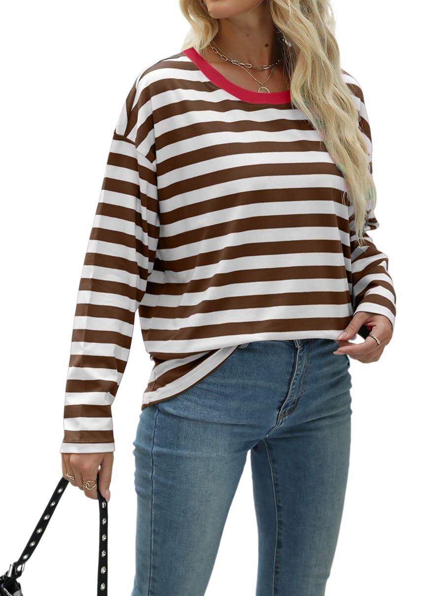 Nfsion Womens X-Large Striped Color Block Long Sleeve Tee Coffee White