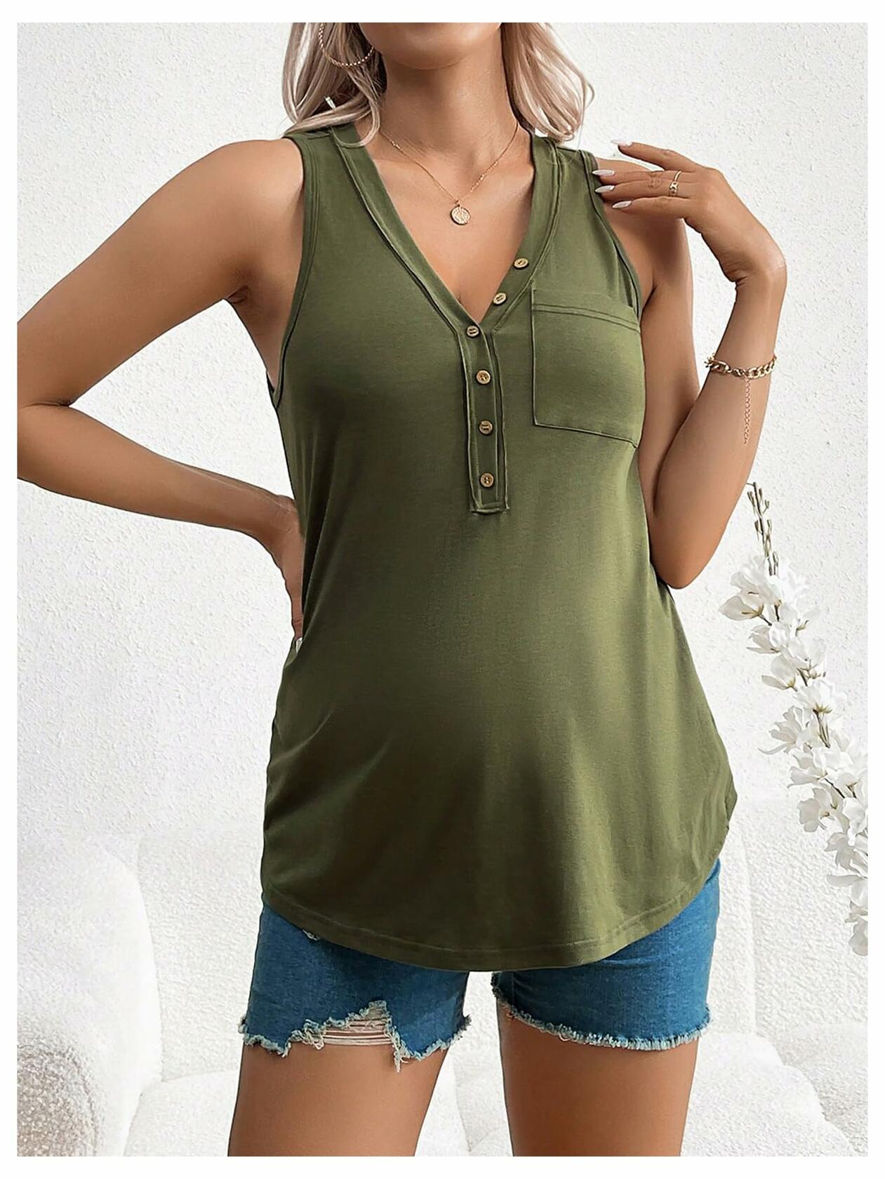 SOLY HUX Women's Maternity Tank Top Small Army Green V Neck Sleeveless