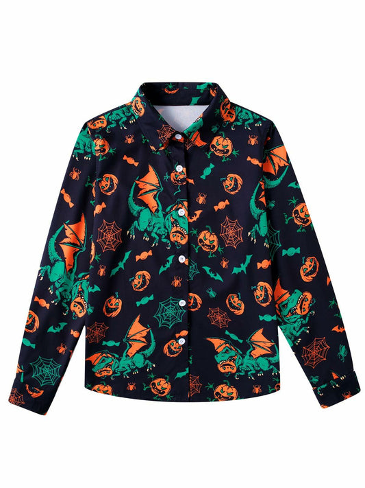 Boys Halloween Dinosaur Shirt Size 10 Long Sleeve Pumpkin Button Up