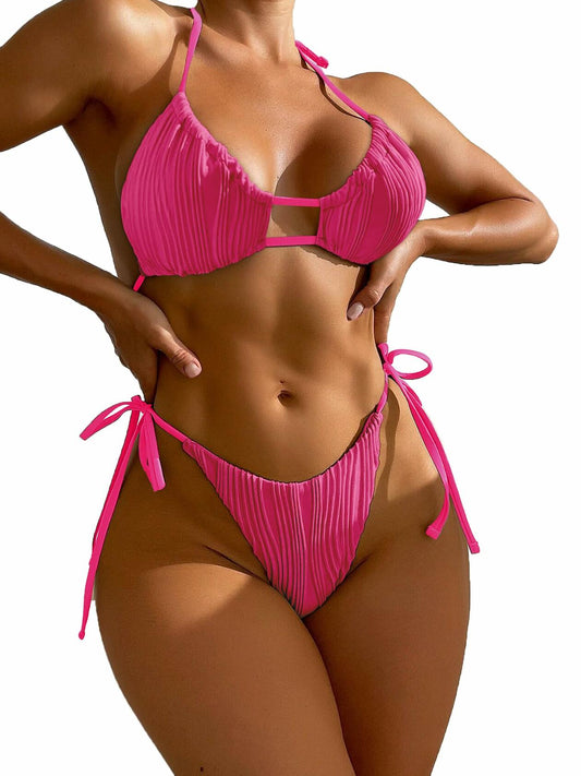 Zonsaoja Women's 2-Piece Ribbed Bikini Set Rose Cheeky Halter Top Size L