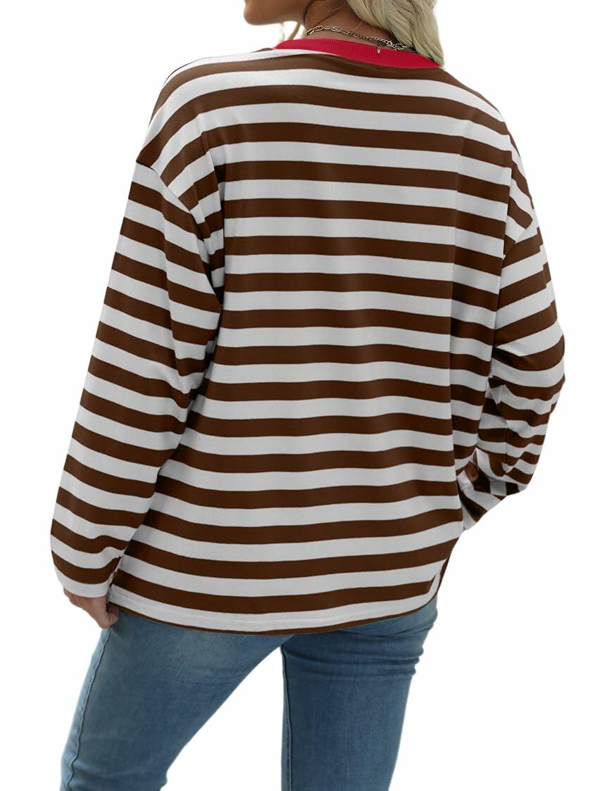Nfsion Womens X-Large Striped Color Block Long Sleeve Tee Coffee White