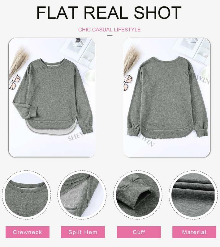 SHEWIN Womens Sweatshirt Lightweight Loose Fit Crewneck Long Sleeve M Gray